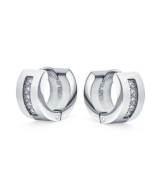 Unisex Channel Set 3 Row Cubic Zirconia CZ K-pop Wide Mini Hoop Huggie Earrings For Men For Women Black Plated Steel Stainless