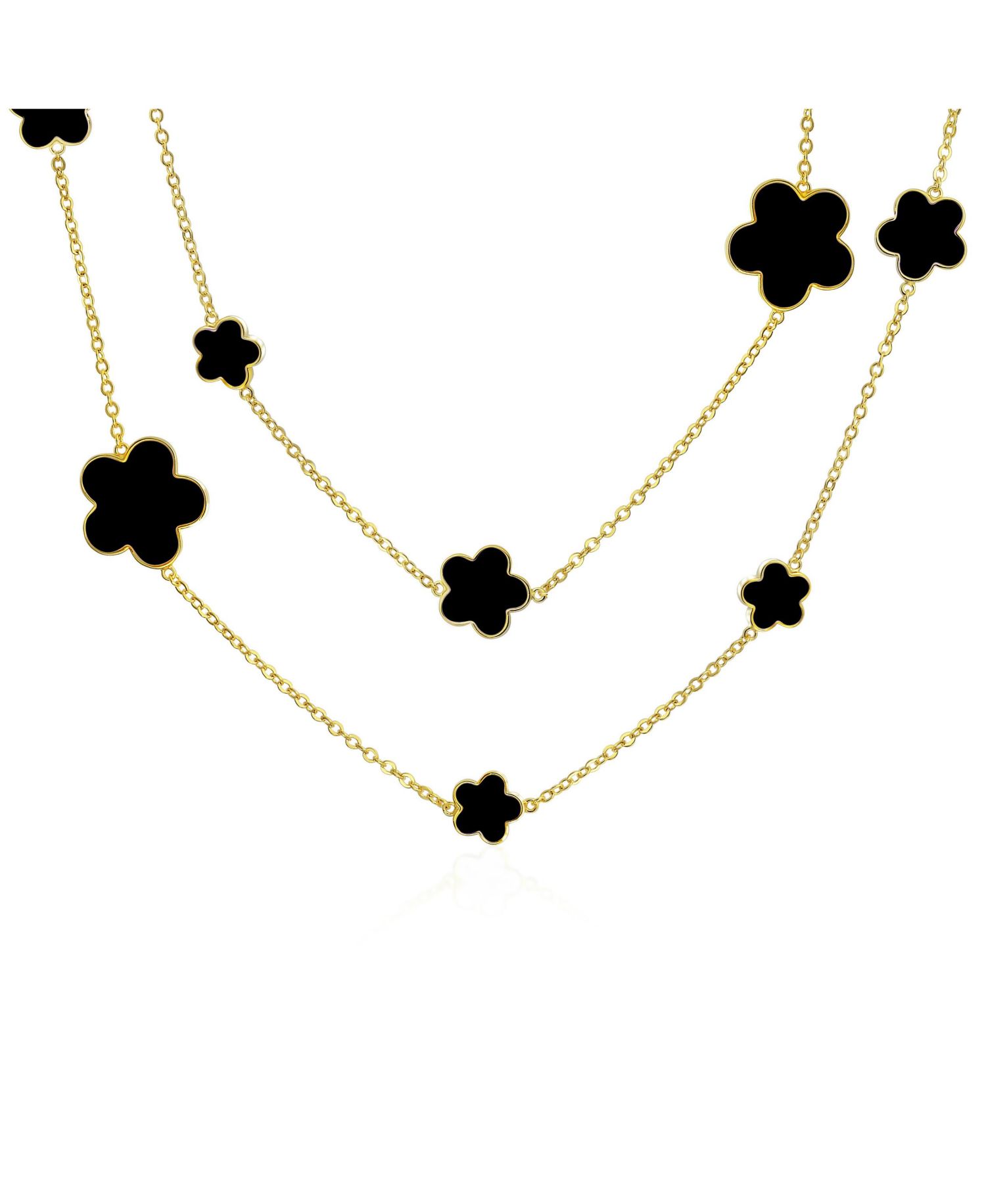 Large and Small Enamel Flower Station Chain Wrap Layer Clover Necklace Rose Gold Plated