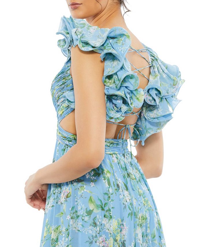 Mac Duggal 68643 Ruffle Tiered Cut Out Chiffon Tea Length Dress