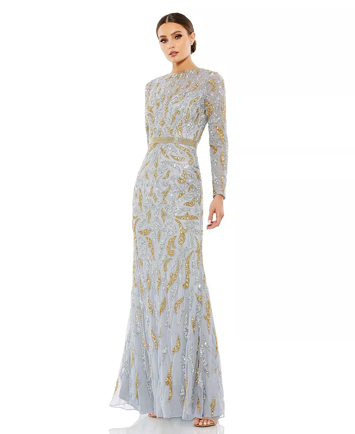 Women's Beaded Long Sleeve Evening Gown