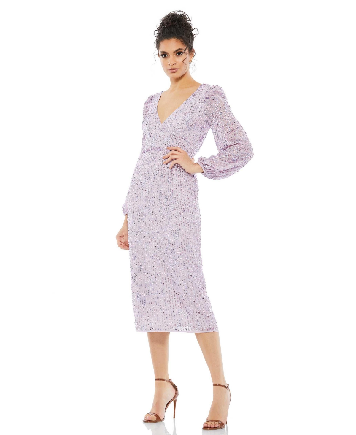 Mac Duggal Blouson Sleeve Sequined Surplice Midi Dress In Lavender