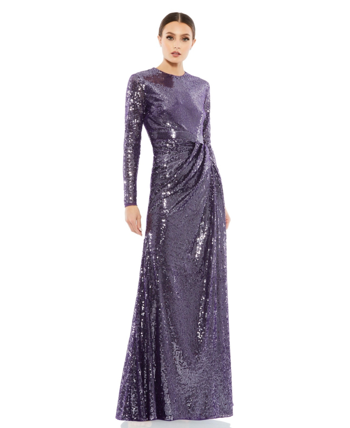 MAC DUGGAL WOMEN'S SEQUINED HIGH NECK LONG SLEEVE DRAPED GOWN