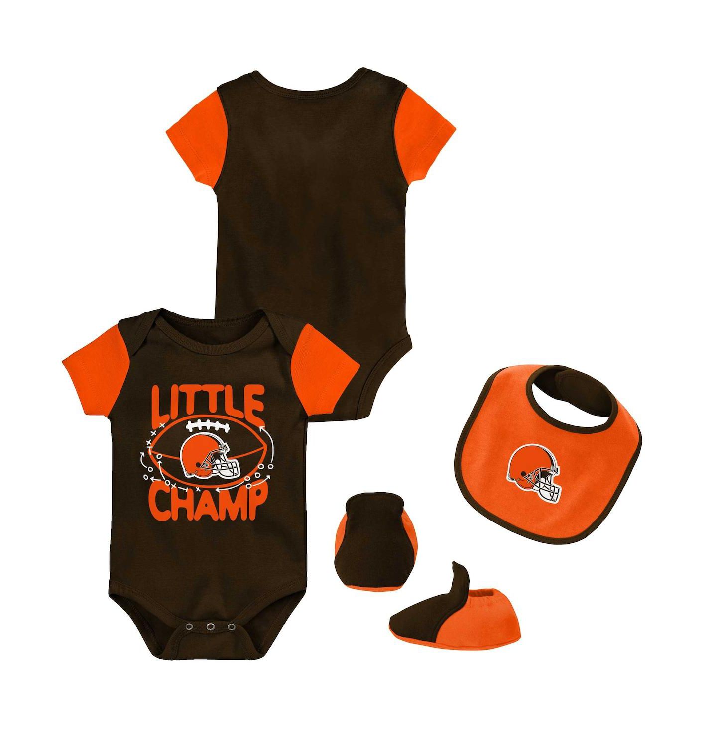 Outerstuff Newborn and Infant Boys and Girls Brown, Orange Cleveland Browns Little Champ Three-Piece Bodysuit Bib and Booties Set — фото 1