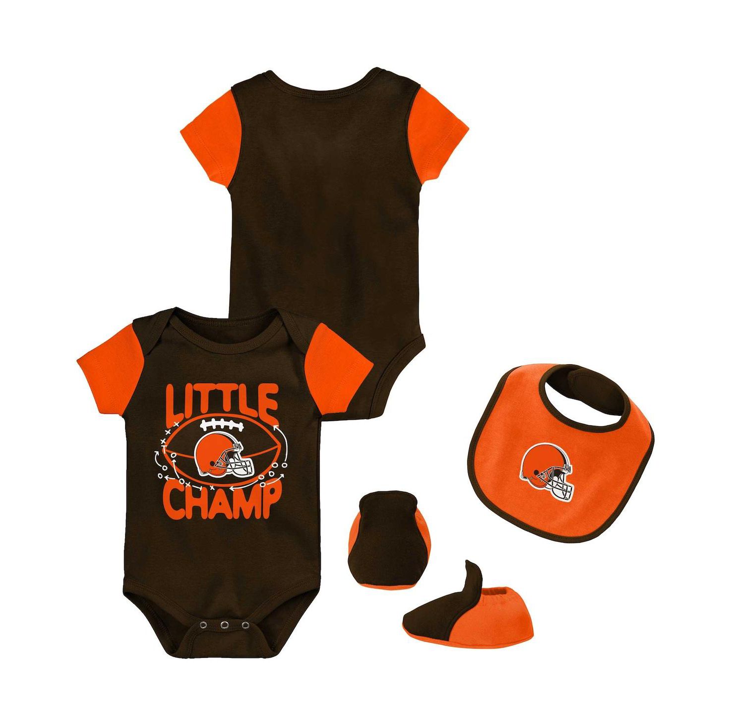 Newborn and Infant Boys and Girls Brown, Orange Cleveland Browns Little Champ Three-Piece Bodysuit Bib and Booties Set