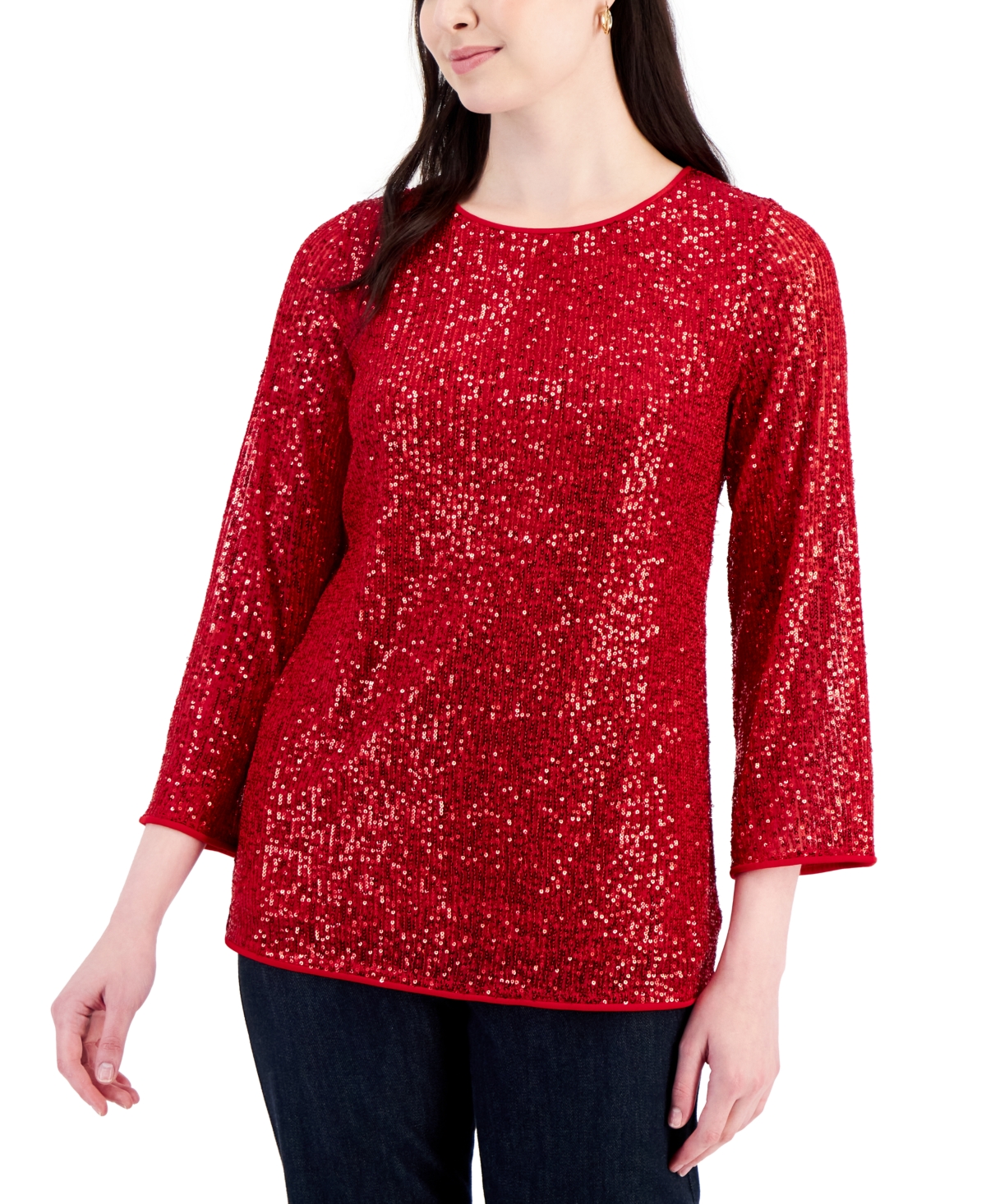 Women's Scoop-Neck 3/4-Sleeve Sequin Tunic, Created for Macy's - Real Red