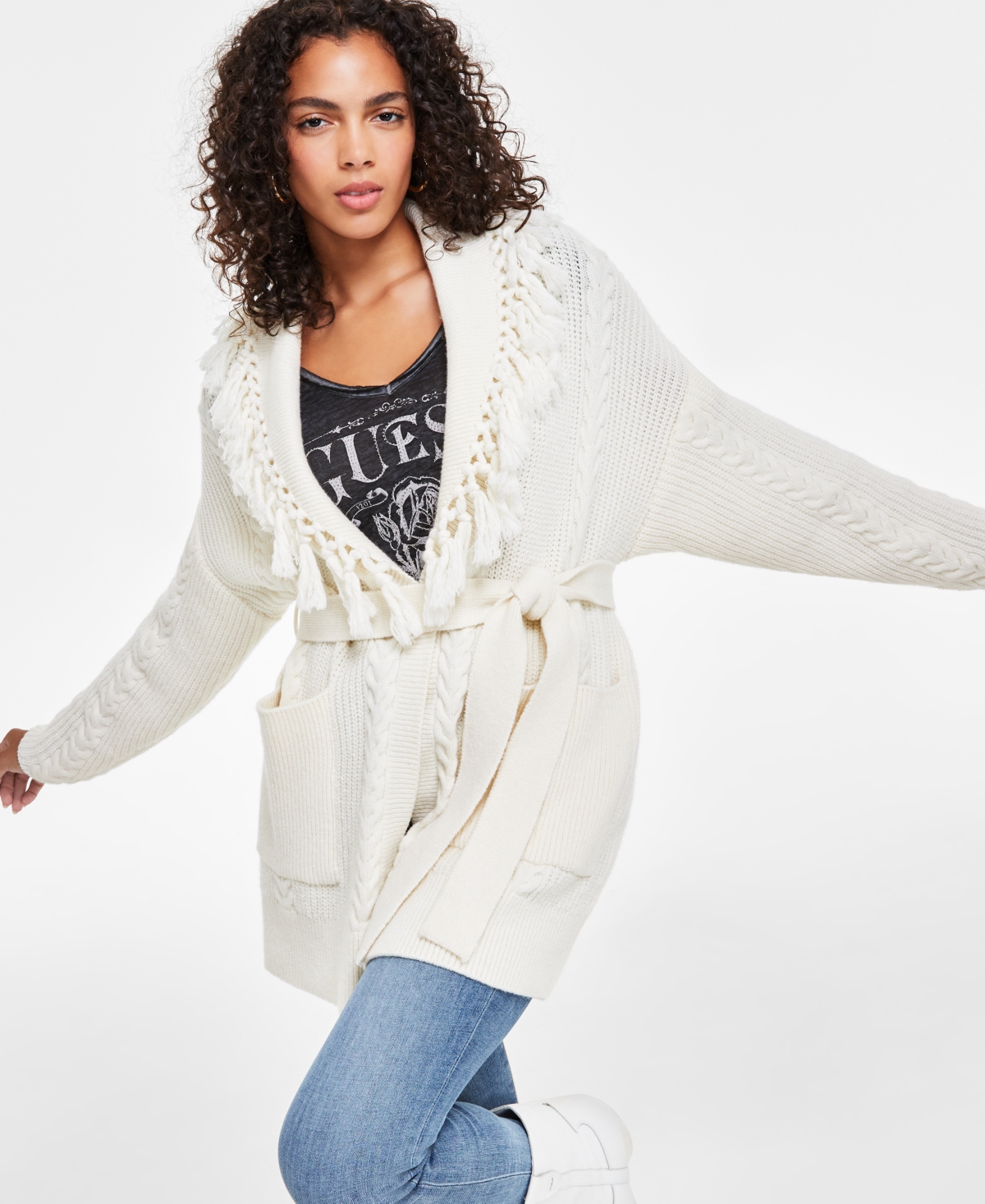 Guess Women's Anne Fringe-trim Belted Wrap Cardigan In Cream White