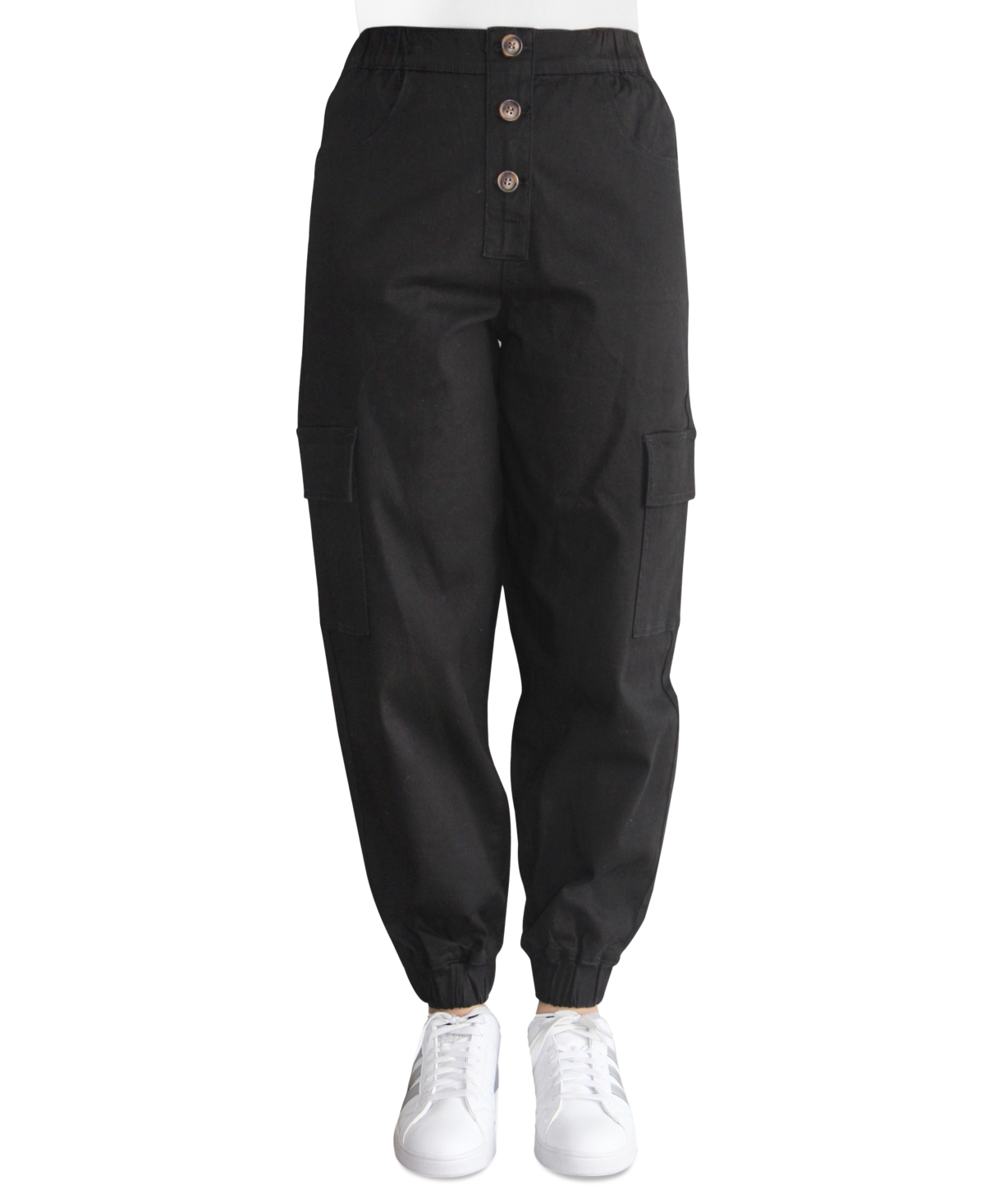 Almost Famous Crave Fame Juniors' Exposed-button High Rise Cargo Pants In Black