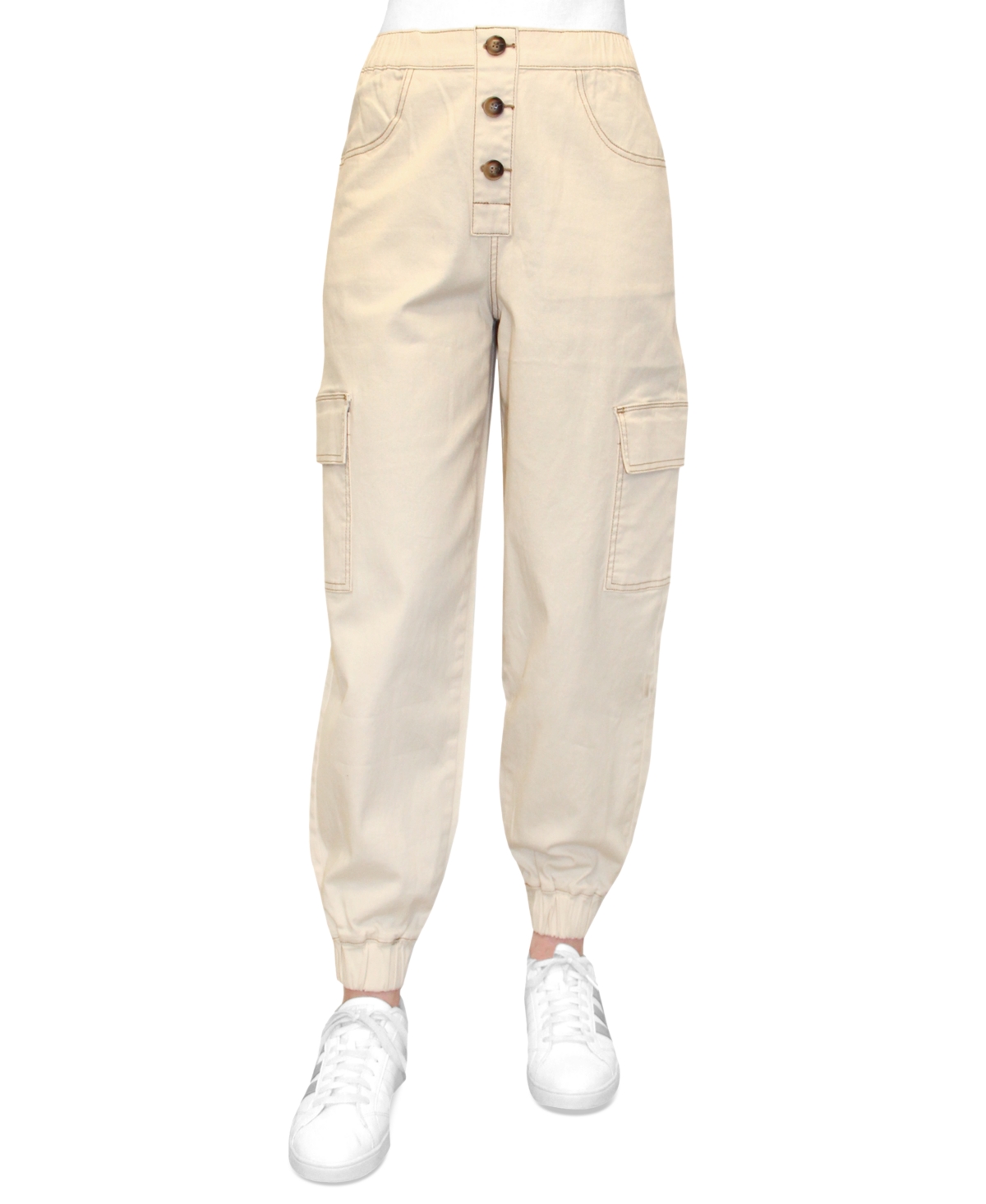 Almost Famous Crave Fame Juniors' Exposed-button High Rise Cargo Pants In Ecru