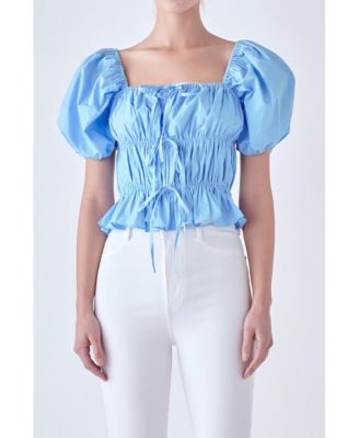 Women's Tie Detail Shirring Top with Short Sleeves