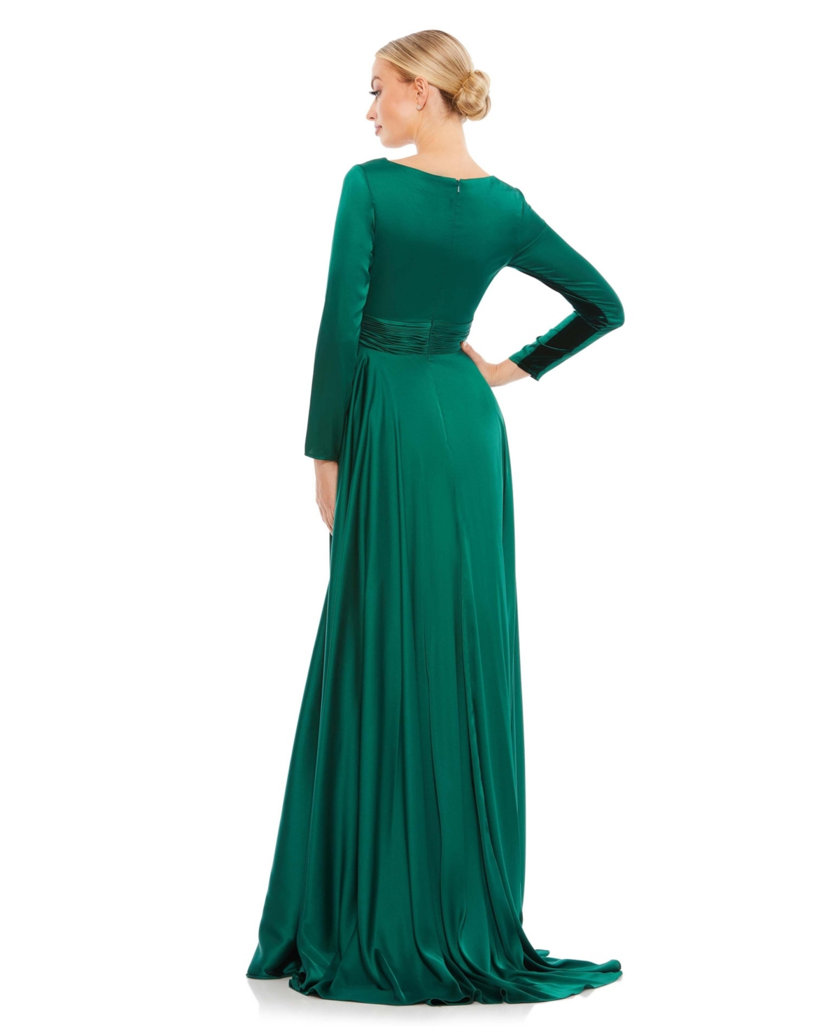 Mac Duggal Women's Ieena Long Sleeve Ruched Waist A-Line Gown