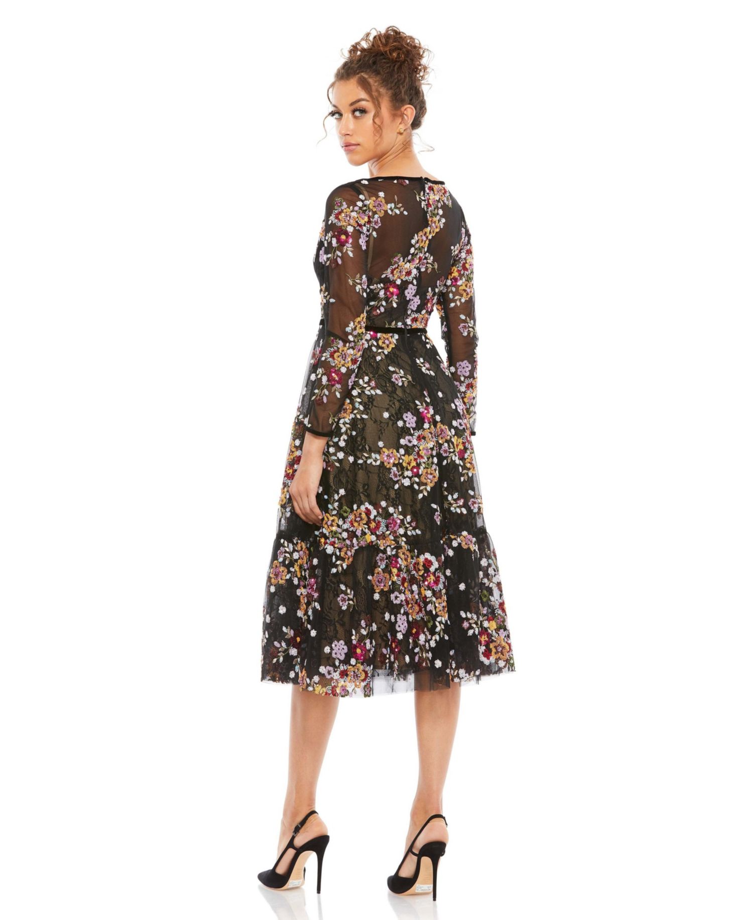 Women's Black Floral Embroidered Tea Length Dress
