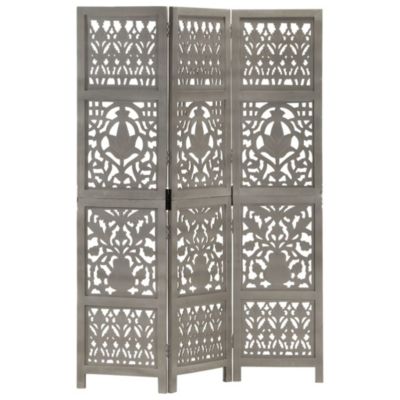 Hand Carved 3-Panel Room Divider Gray 47.2"x65" Solid Mango Wood