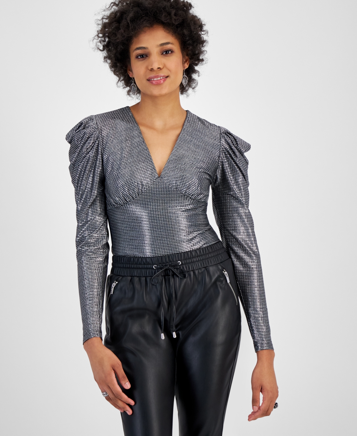 Bar Iii Women's Metallic Draped-shoulder Bodysuit, Created For Macy's In Black,silver