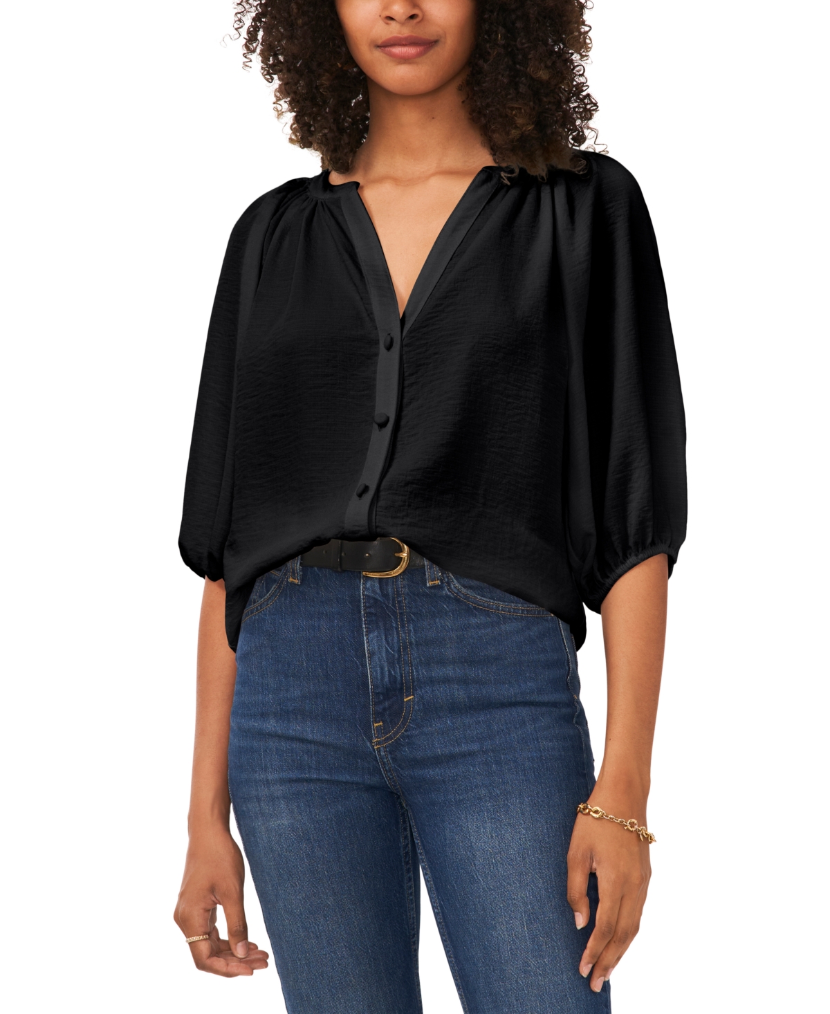 Vince Camuto Women's V-neck Balloon-sleeve Button Top In Rich Black