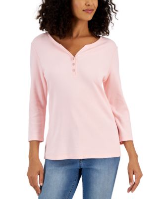 Karen Scott Cotton Henley V-Neck Top, Created for Macy's