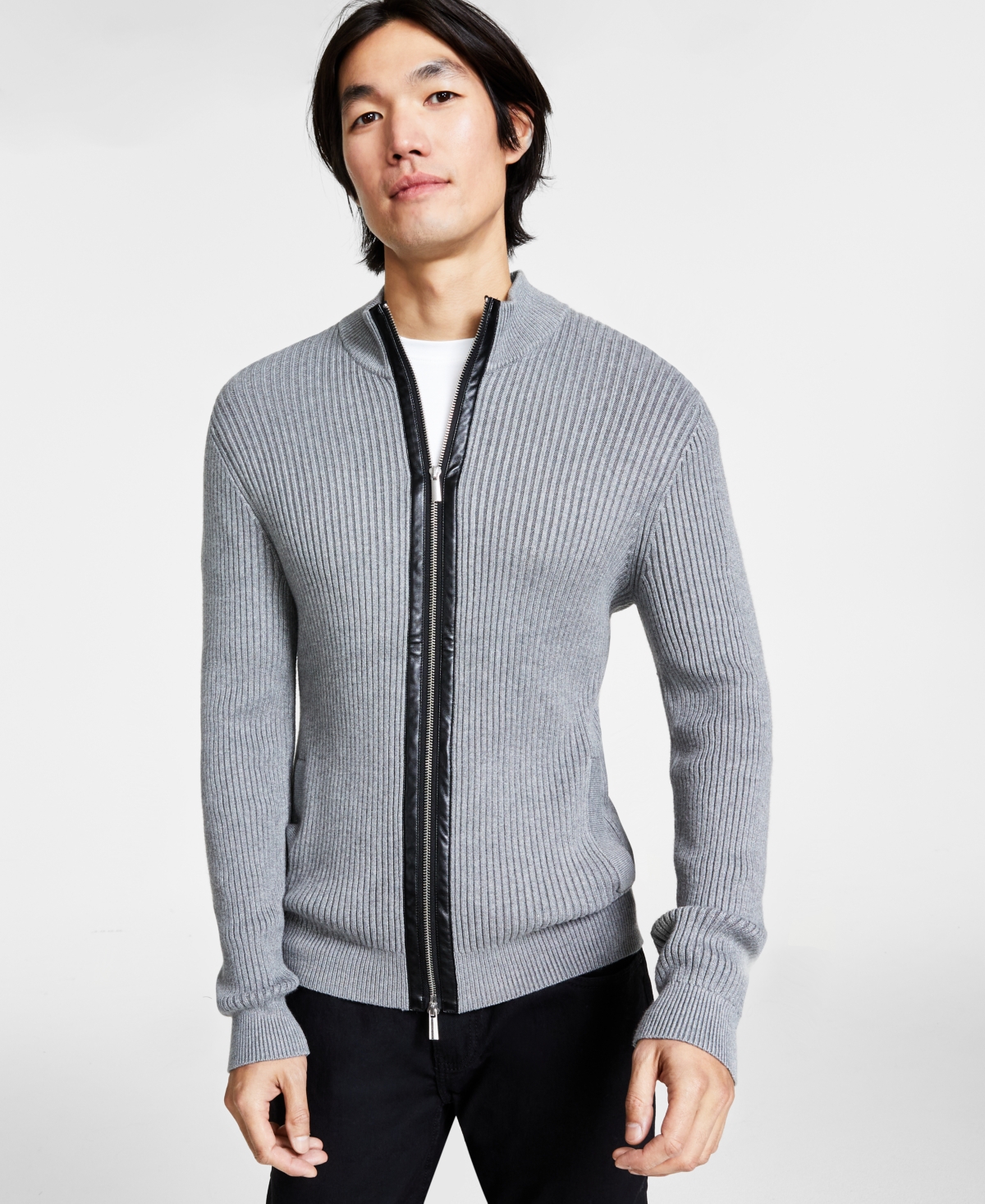 Men's Silas Regular-Fit Ribbed-Knit Full-Zip Mock Neck Cardigan with Faux-Leather Trim, Created for Macy's - Heather Gre
