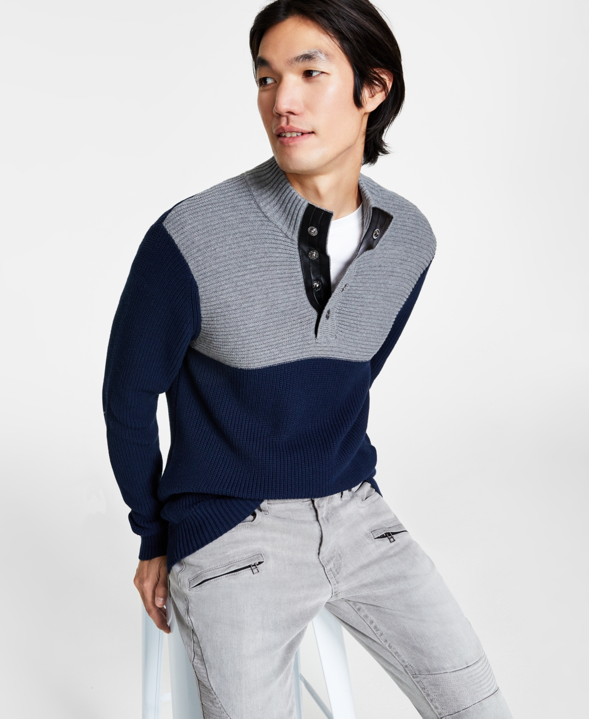 Inc International Concepts Men's Regular-fit Colorblocked Textured 1/4-snap Mock-neck Sweater, Created For Macy's In Basic Navy
