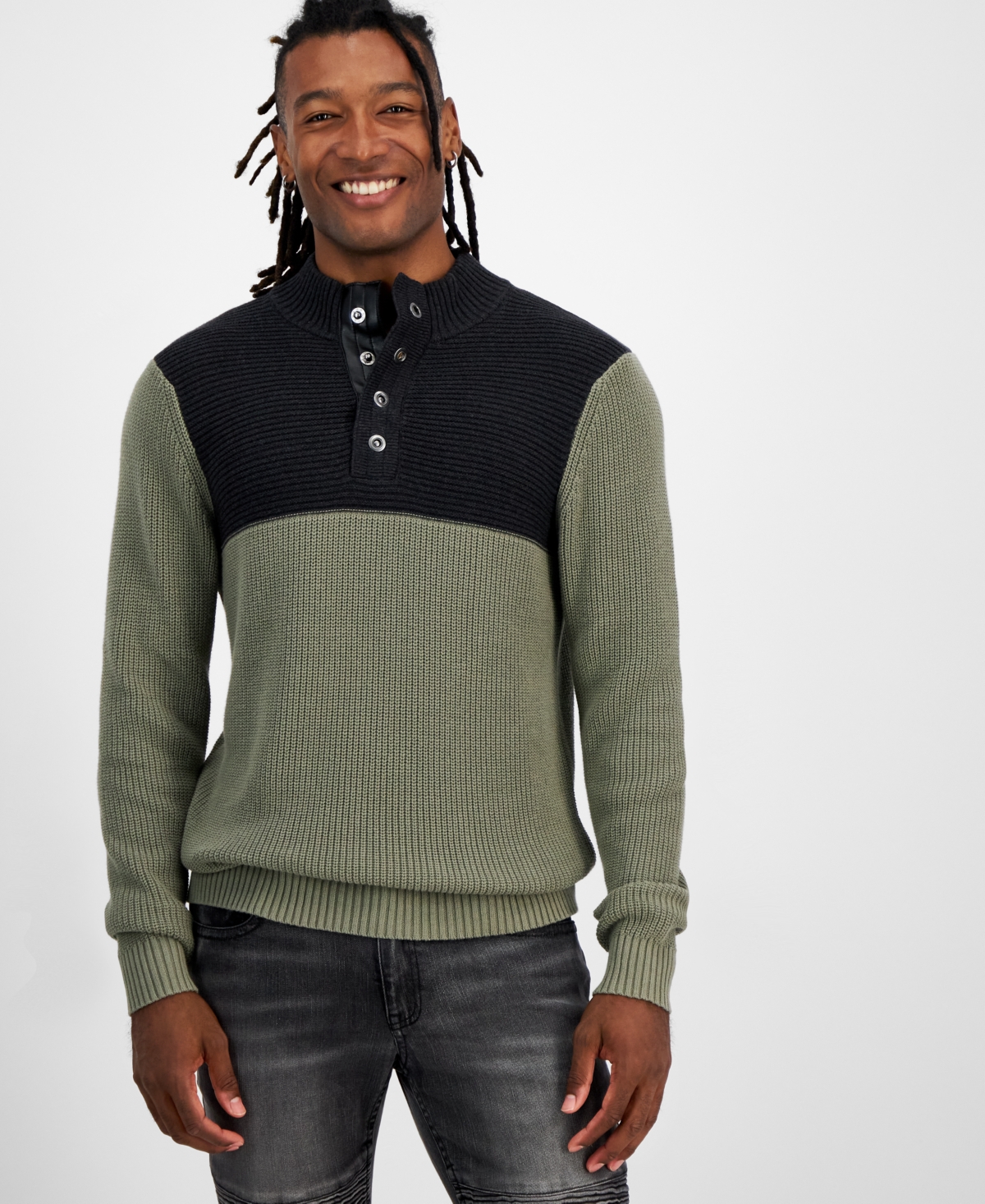 Inc International Concepts Men's Regular-fit Colorblocked Textured 1/4-snap Mock-neck Sweater, Created For Macy's In Green Tea Leaf
