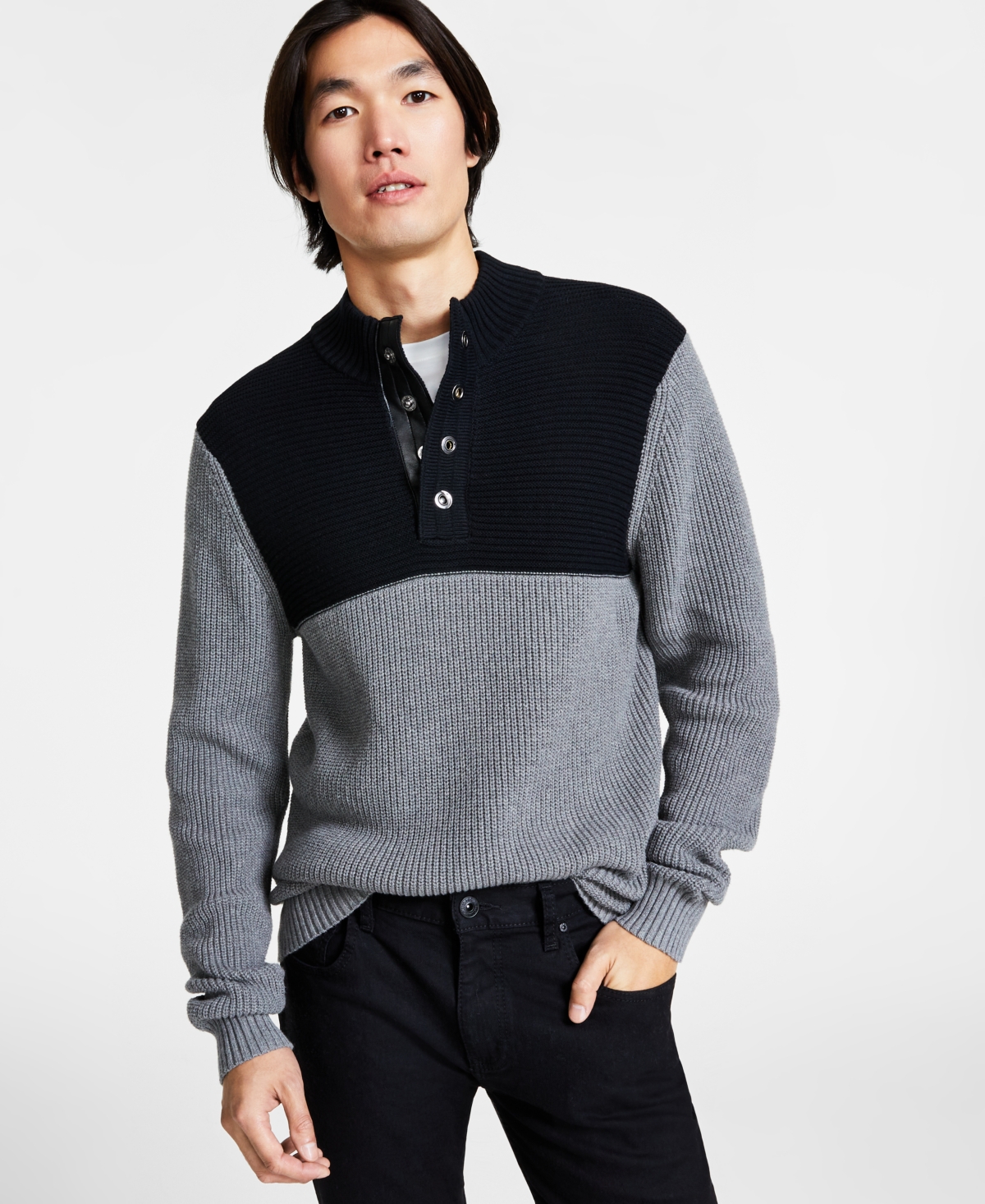 Inc International Concepts Men's Regular-fit Colorblocked Textured 1/4-snap Mock-neck Sweater, Created For Macy's In Heather Grey