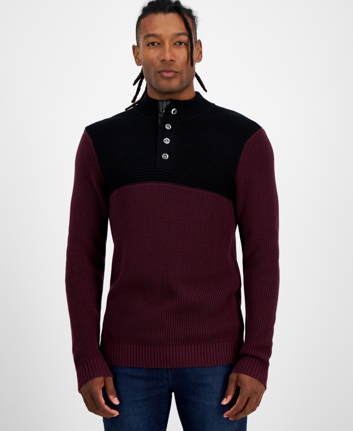 Inc International Concepts Men's Regular-fit Colorblocked Textured 1/4-snap Mock-neck Sweater, Created For Macy's In Vintage Wine