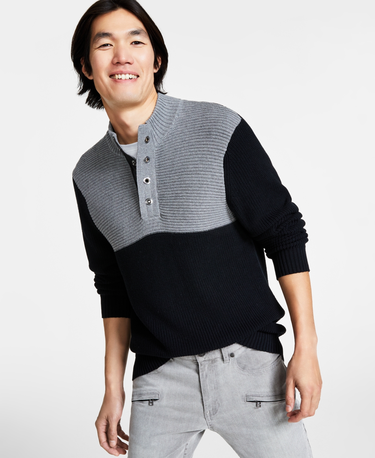 Inc International Concepts Men's Regular-fit Colorblocked Textured 1/4-snap Mock-neck Sweater, Created For Macy's In Deep Black