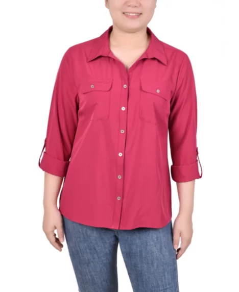 Petite 3/4 Roll Tab Blouse with Pockets - Sangria
