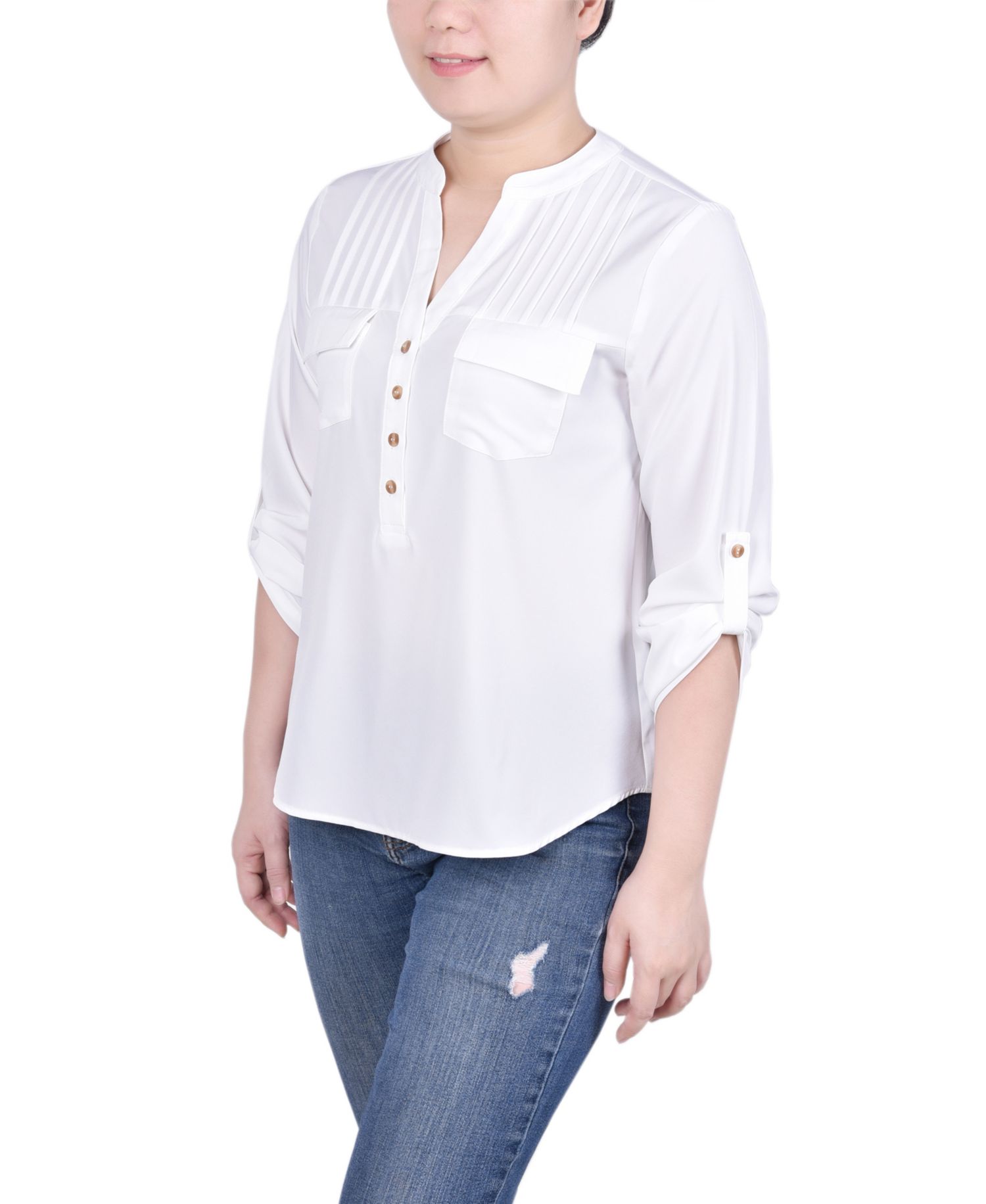 Petite Long Tab-Sleeve Blouse with Pockets