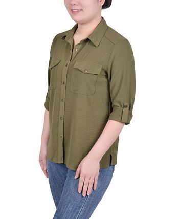 Black White New Iconic 3/4 Roll Tab Blouse With Pockets - Petite