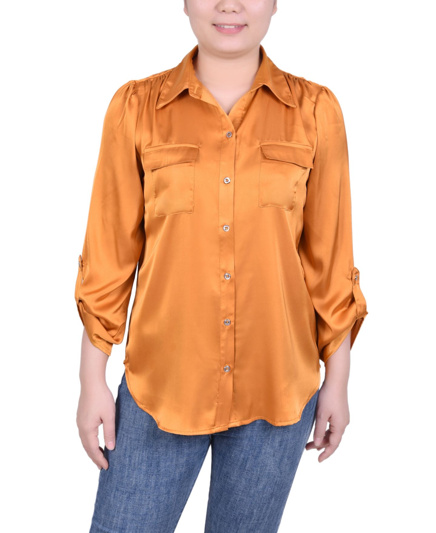 Женская блузка NY Collection Petite Tabbed Long Sleeve Satin, цвет: Золотой — фото 1