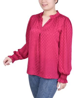 Petite Long Sleeve Smocked Cuff Blouse