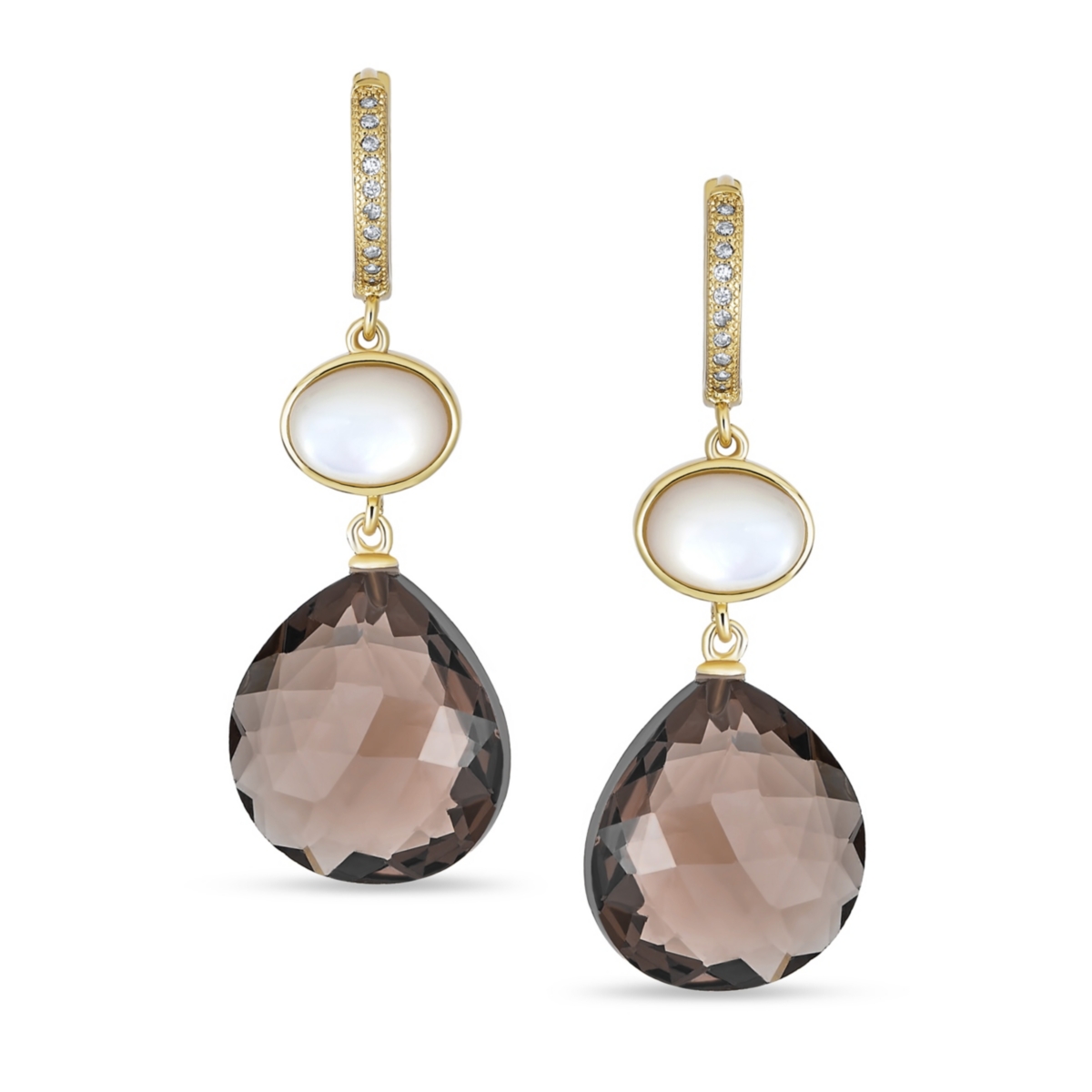 Bling Jewelry Briolette Chocolate NaturalSmoky Quartz Drop Hoop Earrings Gold Plated - Brown