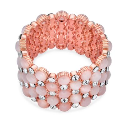Holiday Fashion Wide Cuff Pink Rose Gold Plated Pink Cats Eye Crystal Statement Stretch Bracelet Prom