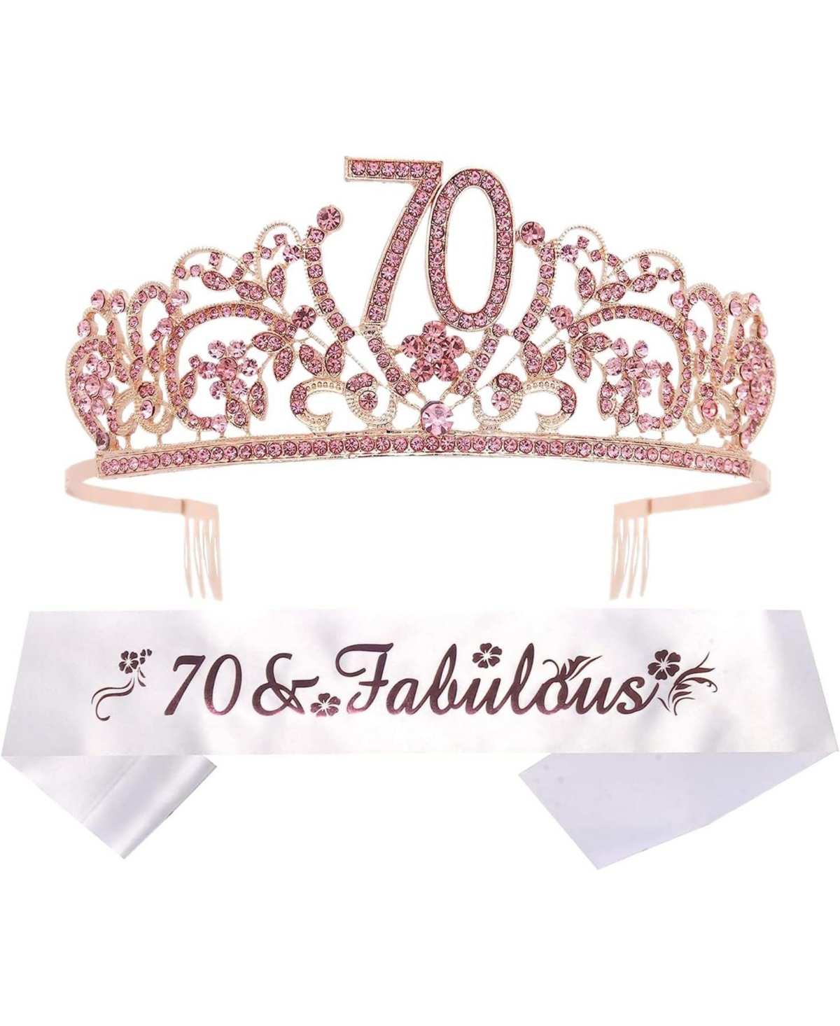 70th Birthday Sash and Tiara for Women - Fabulous Sash + Flowers Rhinestone Pink Premium Metal Tiara for Her, 70th Birthday Gifts for 70 Ce