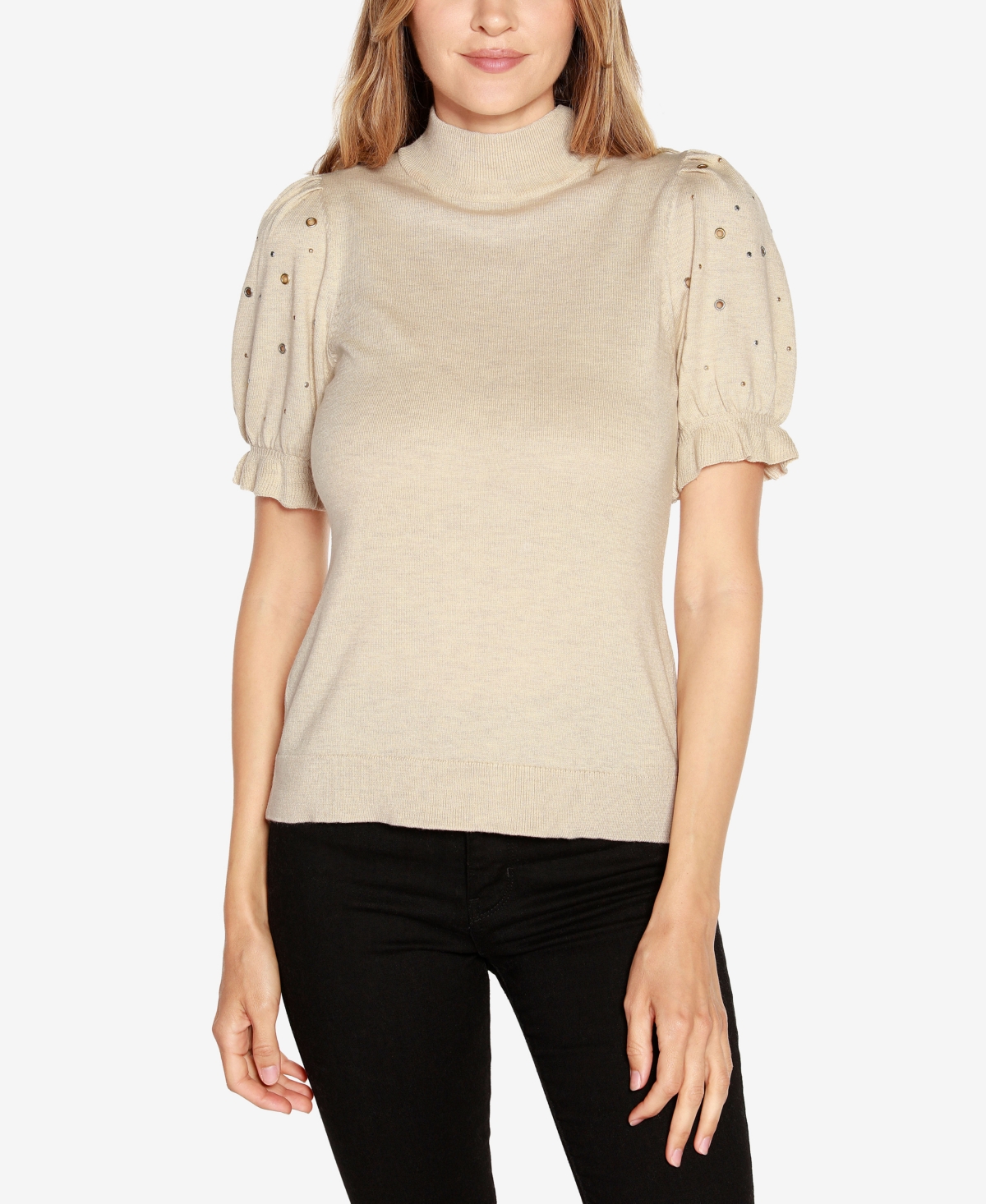 Belldini Black Label Women's Embellished Puff-sleeve Sweater In Heather Cream
