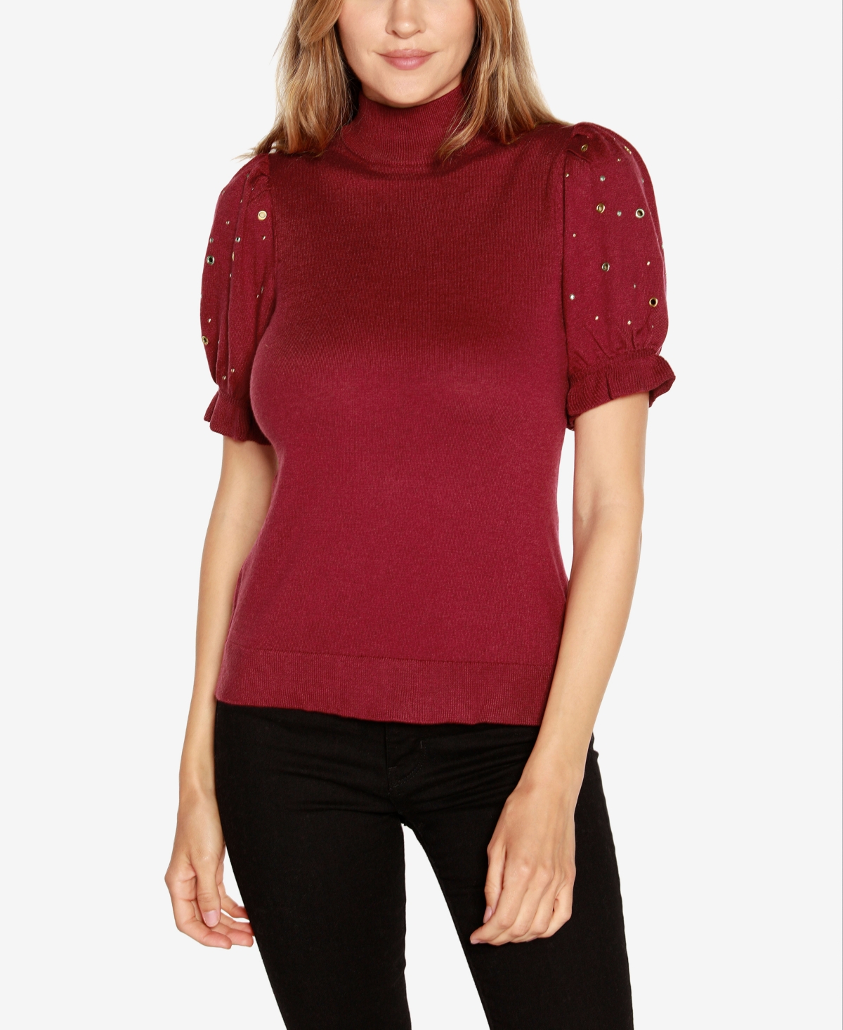 Belldini Black Label Women's Embellished Puff-sleeve Sweater In Cranberry