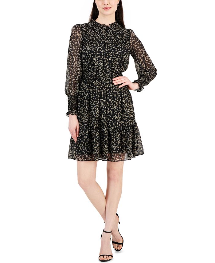 Taylor Women's Printed Smocked-Waist Tiered Chiffon Dress - Macy's