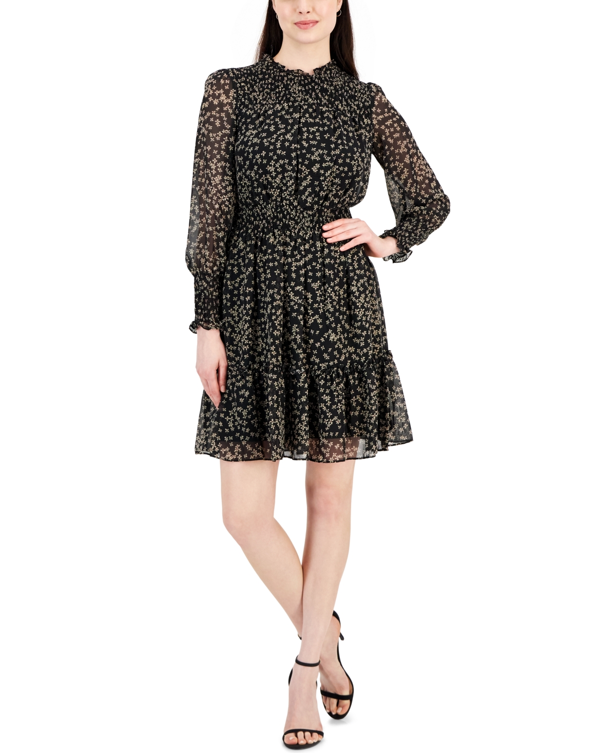 Women's Printed Smocked-Waist Tiered Chiffon Dress - Black/Latte