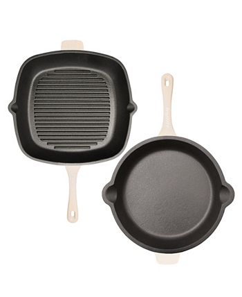 BergHOFF Neo 3PC Cast Iron Set: Fry Pan 10 inch, Square Grill Pan 11 inch & Slotted Steak Press, Red