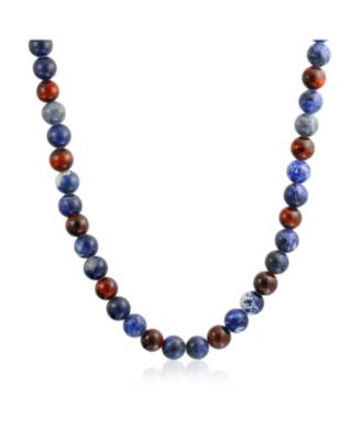 Bali Style Blue Natural Sodalite Brown Tiger Eye Ball Bead Strand Necklace Stainless Steel Hook Clasp
