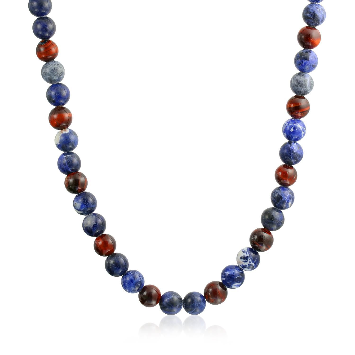 Blue Sodalite Brown Tiger Eye Ball Bead Strand Necklace Stainless Steel