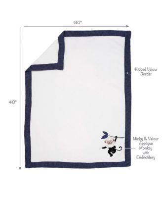Jungle Party White/Navy Monkey Soft Fleece Baby Blanket