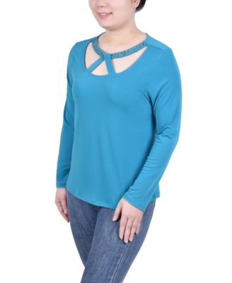 Petite Long Sleeve Jeweled Neck Top