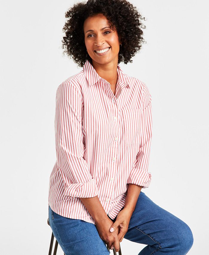 Style & Co Petite Striped Button-Down Cotton Perfect Shirt, Created for ...