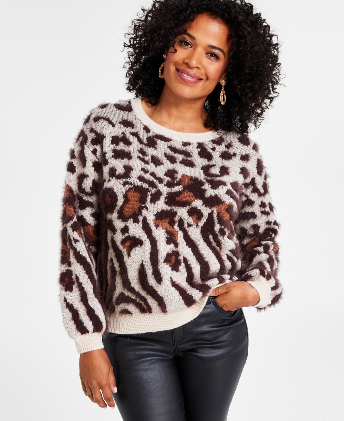 Inc International Concepts Women's Animal-print Eyelash Sweater, Created For Macy's In Cream Brown Animal