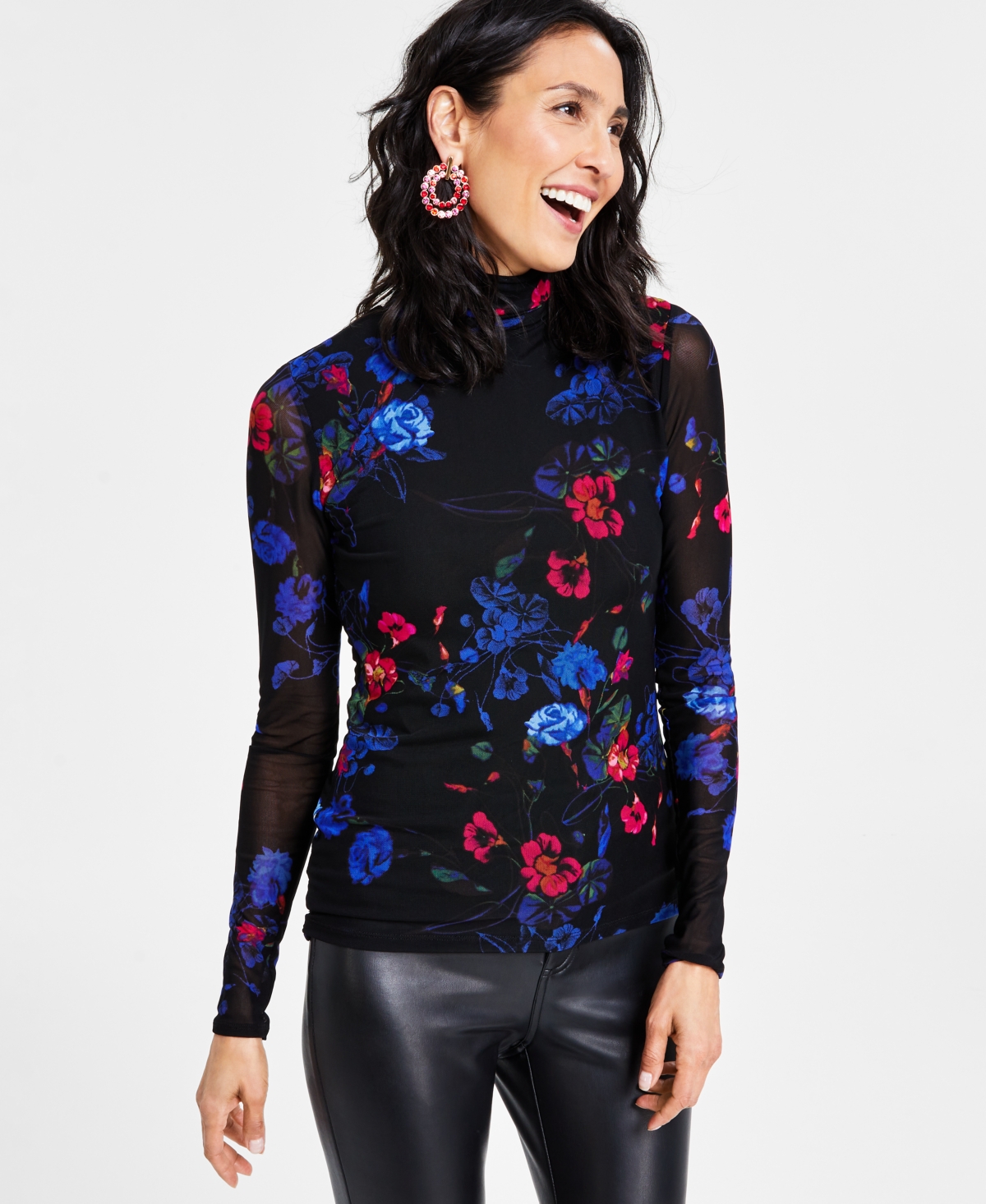 Inc International Concepts Women's Print Long-sleeve Mesh Turtleneck, Created For Macy's In Twilight Bouquet