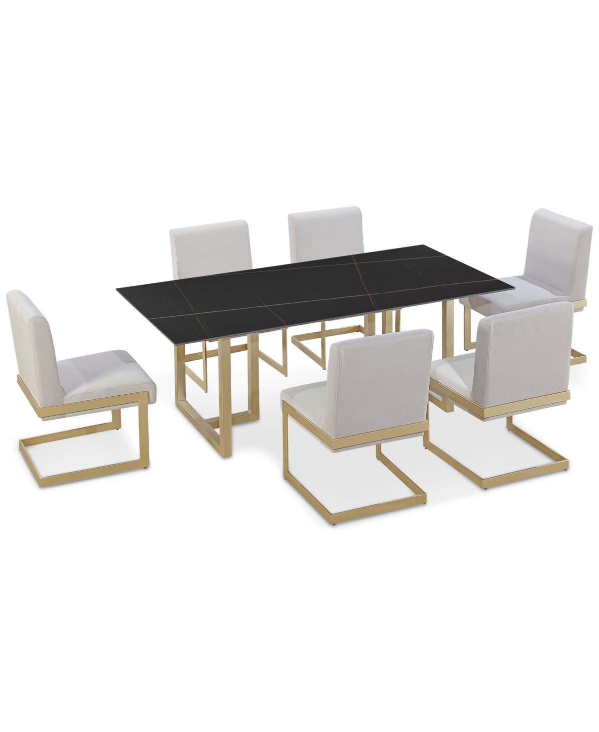 Macy's Emila 7 Pc. Dining Set (rectangular Table & 6 Chairs), Created For  In Black Sintered Stone With Champagne Base