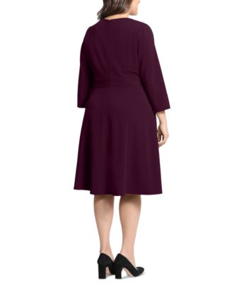 Plus Size 3/4-Sleeve Tab-Waist Fit & Flare Dress