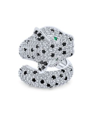 Black White Cubic Zirconia Leopard Panther Cat Statement Ring