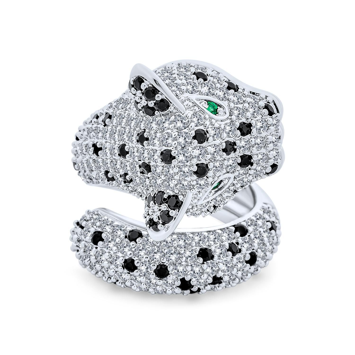 Animal Black White CZ Leopard Panther Cocktail Statement Ring Silver Plated