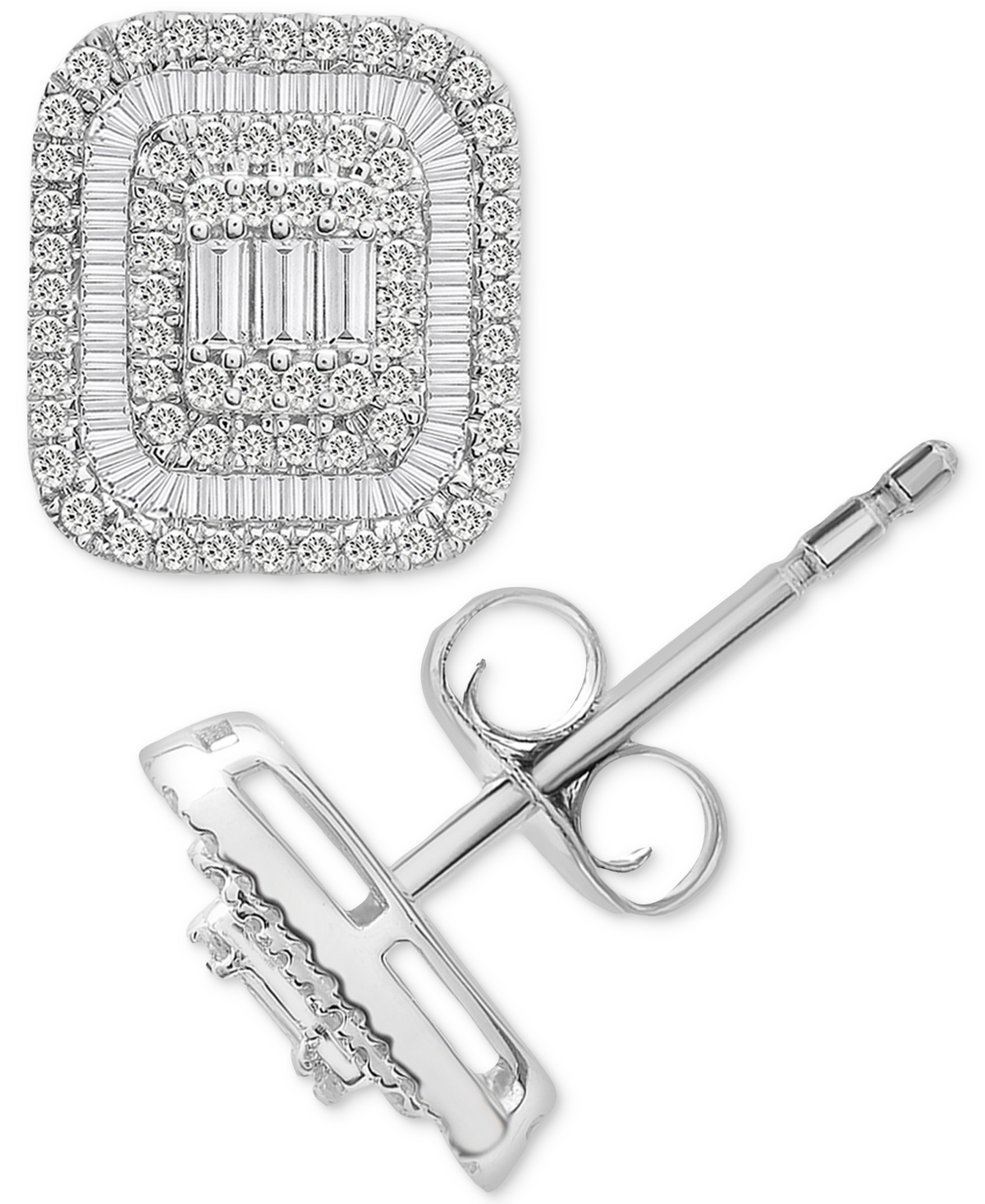 Diamond Round & Baguette Square Halo Cluster Stud Earrings (1 ct. t.w.) in 14k White Gold, Created for Macy's - White Gold